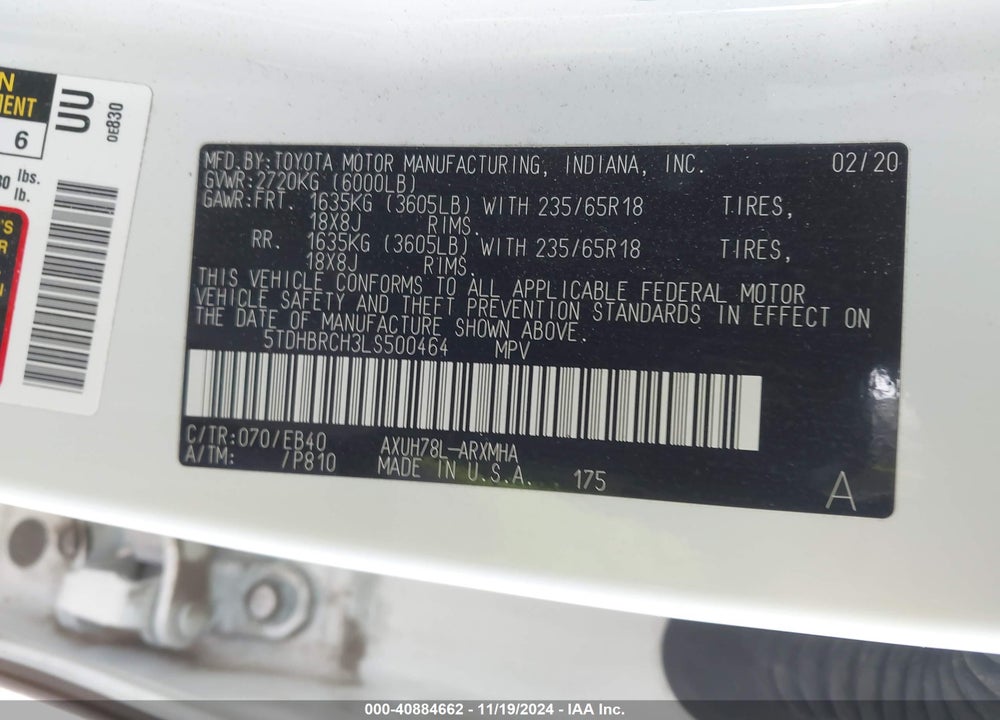 2020 TOYOTA HIGHLANDER HYBRID XLE VIN: 5TDHBRCH3LS500464