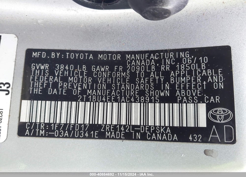 2010 TOYOTA COROLLA S VIN: 2T1BU4EE1AC438915