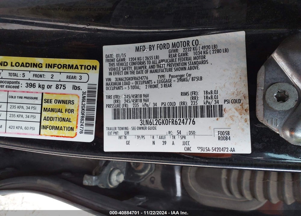 2015 LINCOLN MKZ VIN: 3LN6L2GK0FR624776