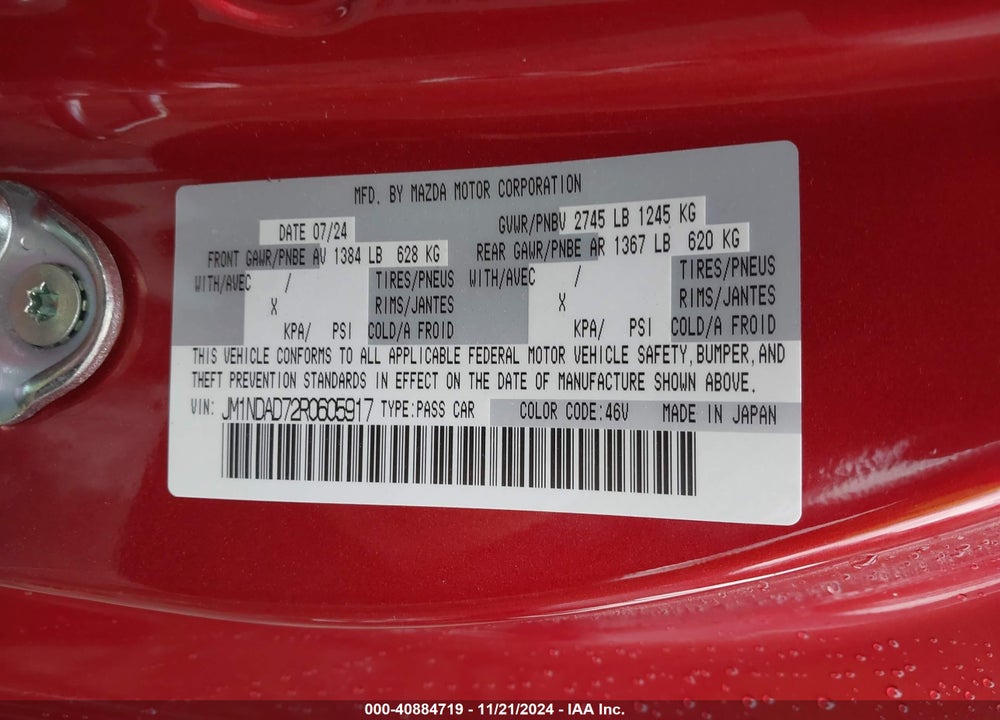 2024 MAZDA MX-5 MIATA GRAND TOURING VIN: JM1NDAD72R0605917