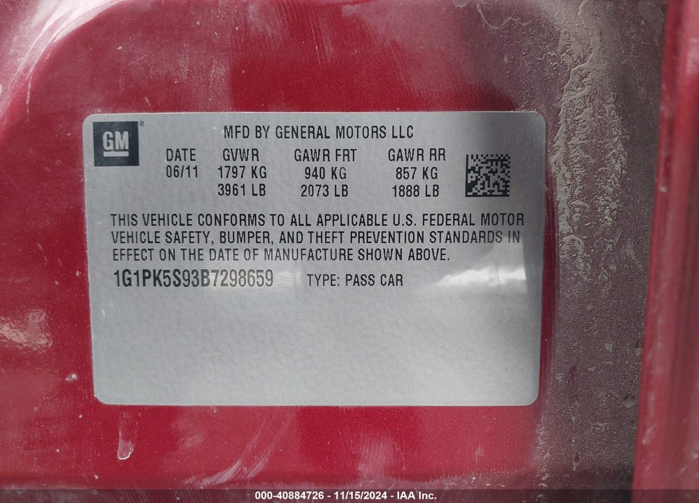 2011 CHEVROLET CRUZE ECO VIN: 1G1PK5S93B7298659