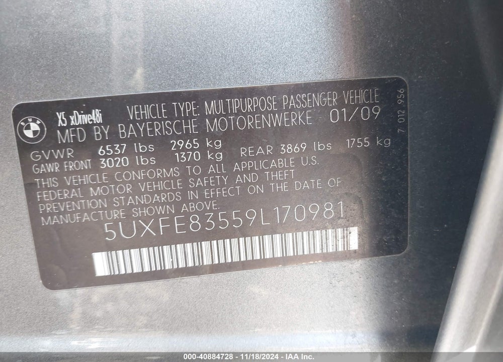 2009 BMW X5 XDRIVE48I VIN: 5UXFE83559L170981