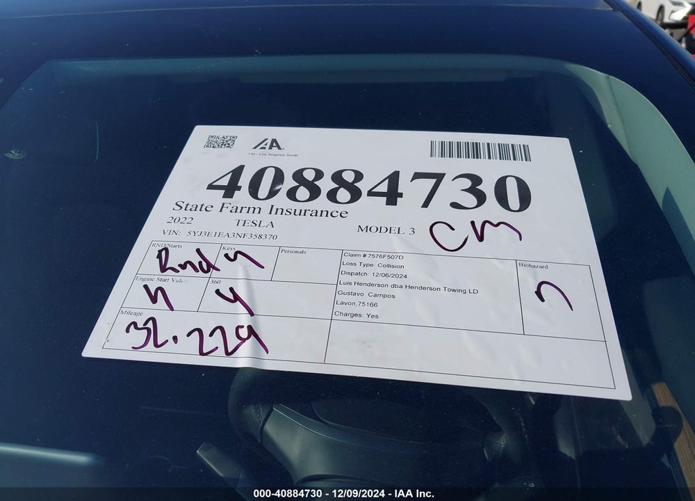 2022 TESLA MODEL 3 VIN: 5YJ3E1EA3NF358370
