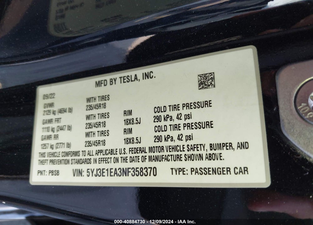 2022 TESLA MODEL 3 VIN: 5YJ3E1EA3NF358370