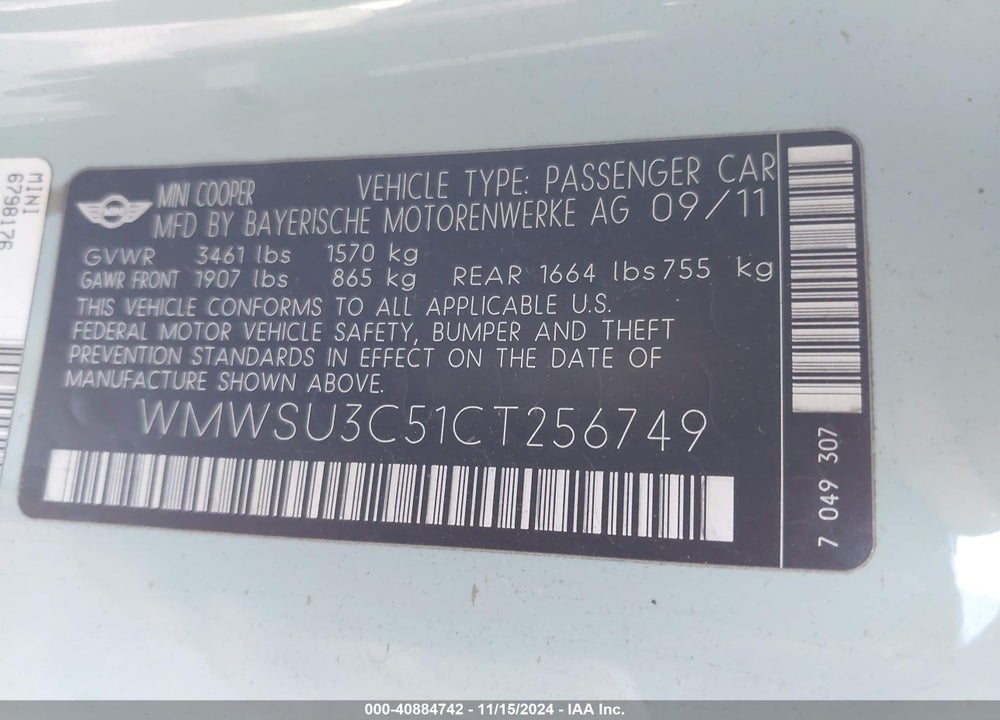 2012 MINI COOPER VIN: WMWSU3C51CT256749