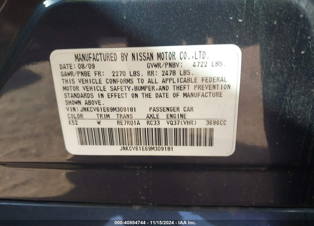2009 INFINITI G37 JOURNEY VIN: JNKCV61E69M309181