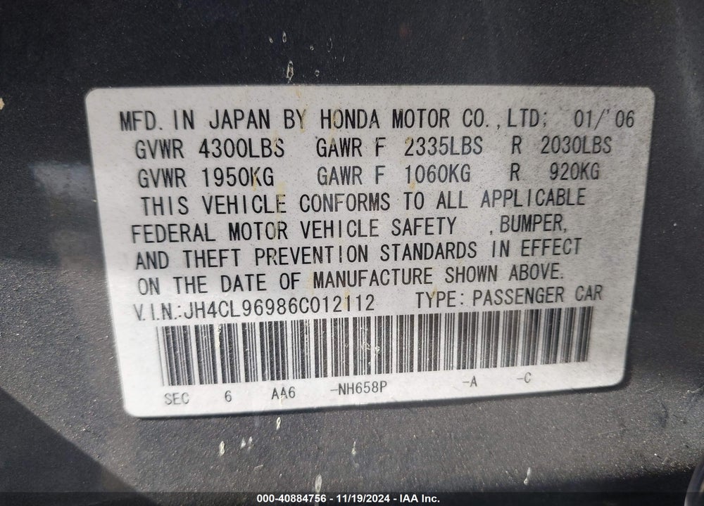 2006 ACURA TSX VIN: JH4CL96986C012112