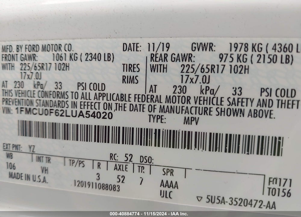 2020 FORD ESCAPE S VIN: 1FMCU0F62LUA54020