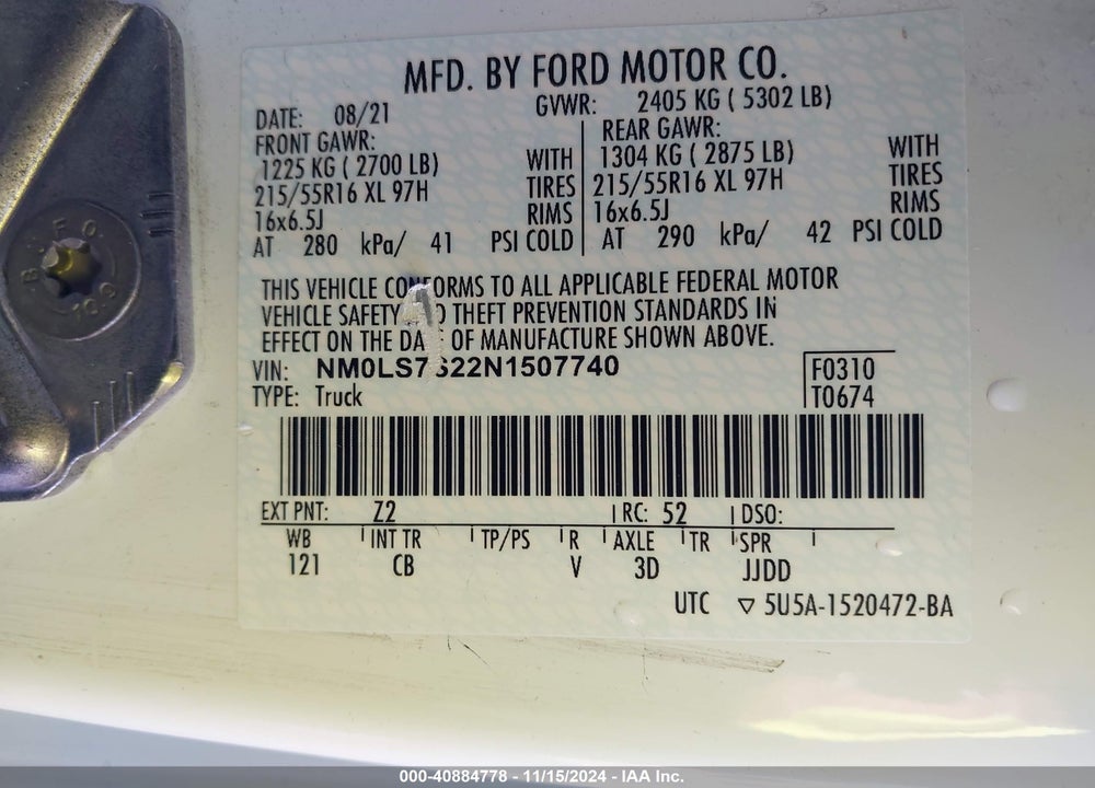 2022 FORD TRANSIT CONNECT XL CARGO VAN VIN: NM0LS7S22N1507740