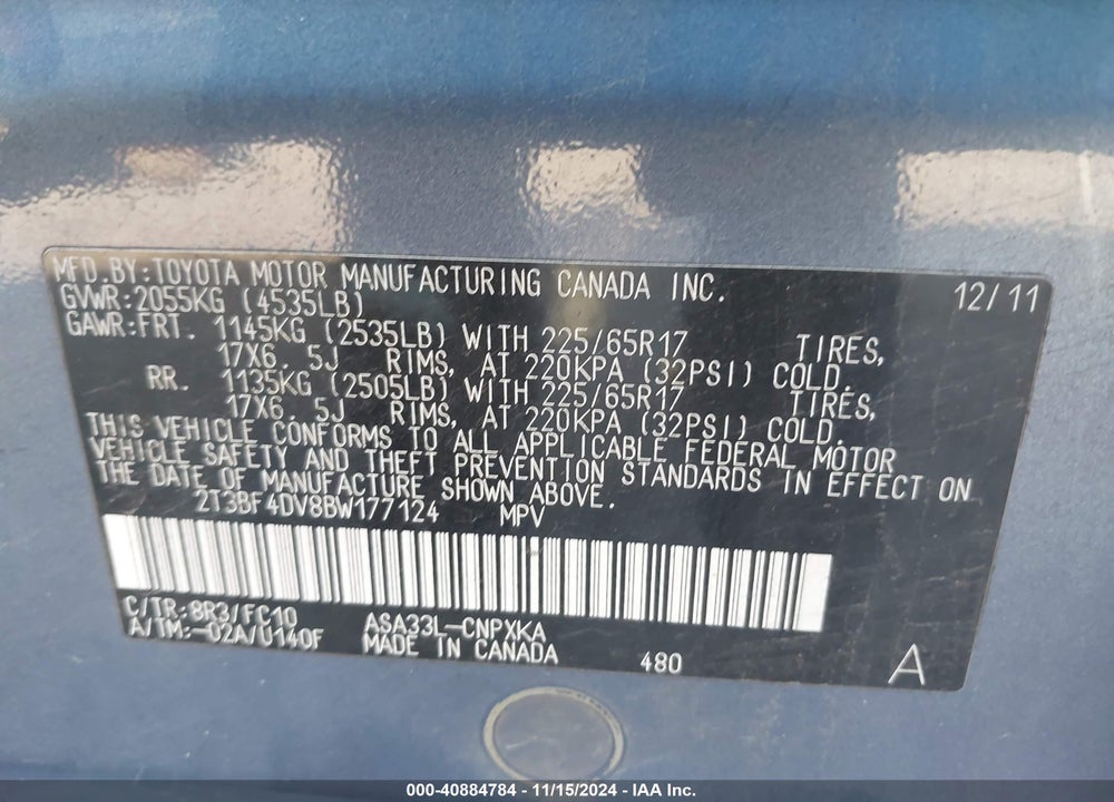 2011 TOYOTA RAV4 VIN: 2T3BF4DV8BW177124