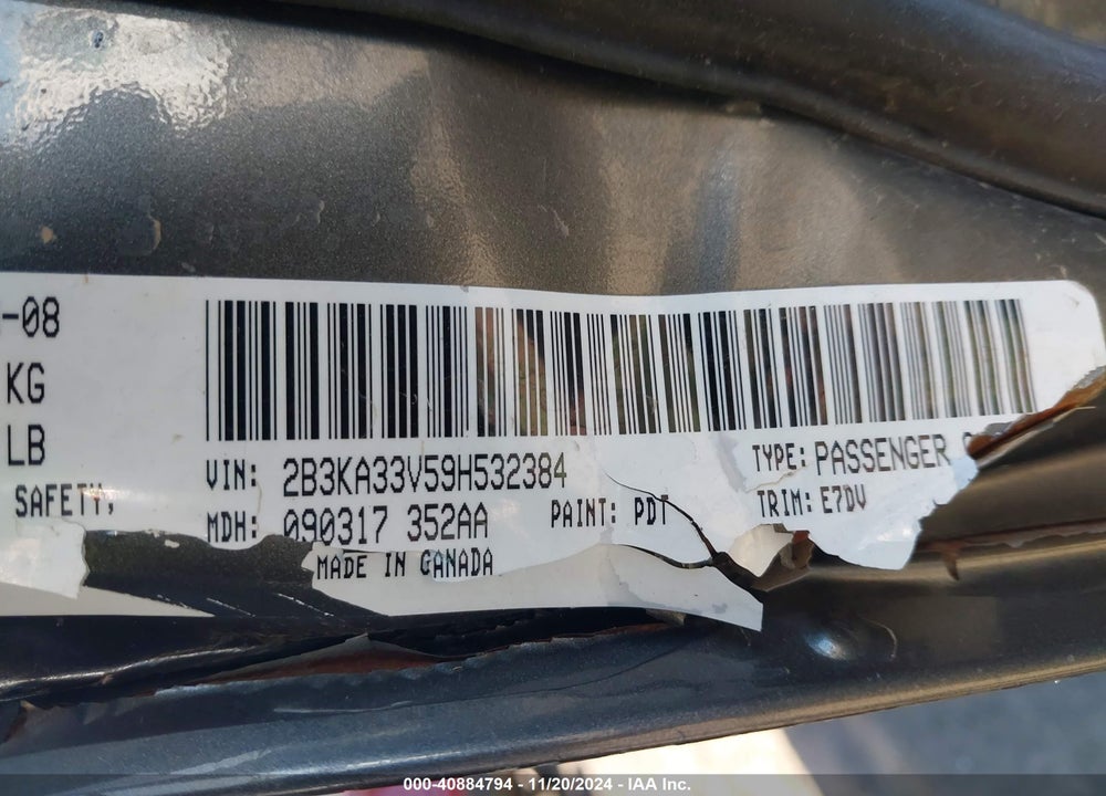 2009 DODGE CHARGER SXT VIN: 2B3KA33V59H532384