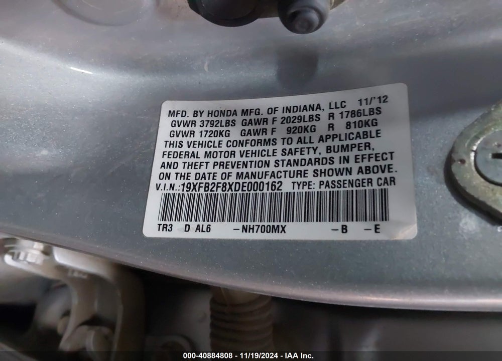 2013 HONDA CIVIC EX VIN: 19XFB2F8XDE000162