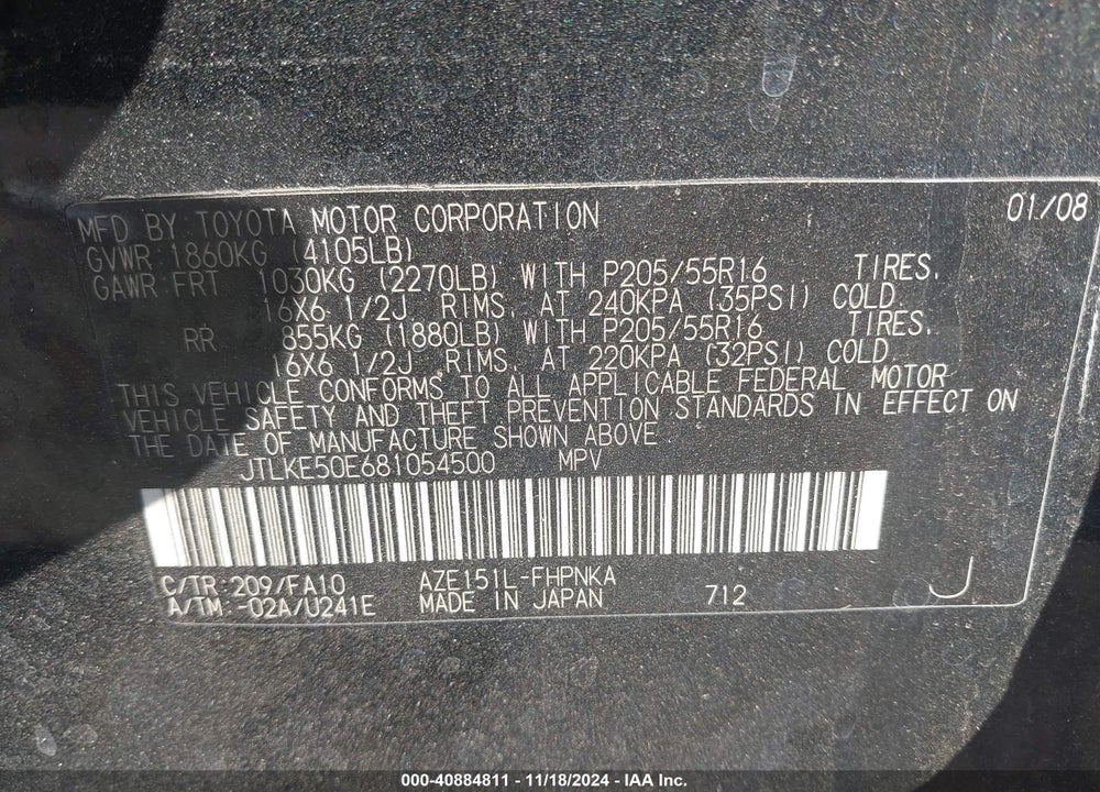 2008 SCION XB VIN: JTLKE50E681054500