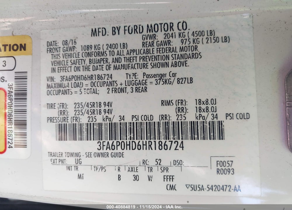 2017 FORD FUSION SE VIN: 3FA6P0HD6HR186724