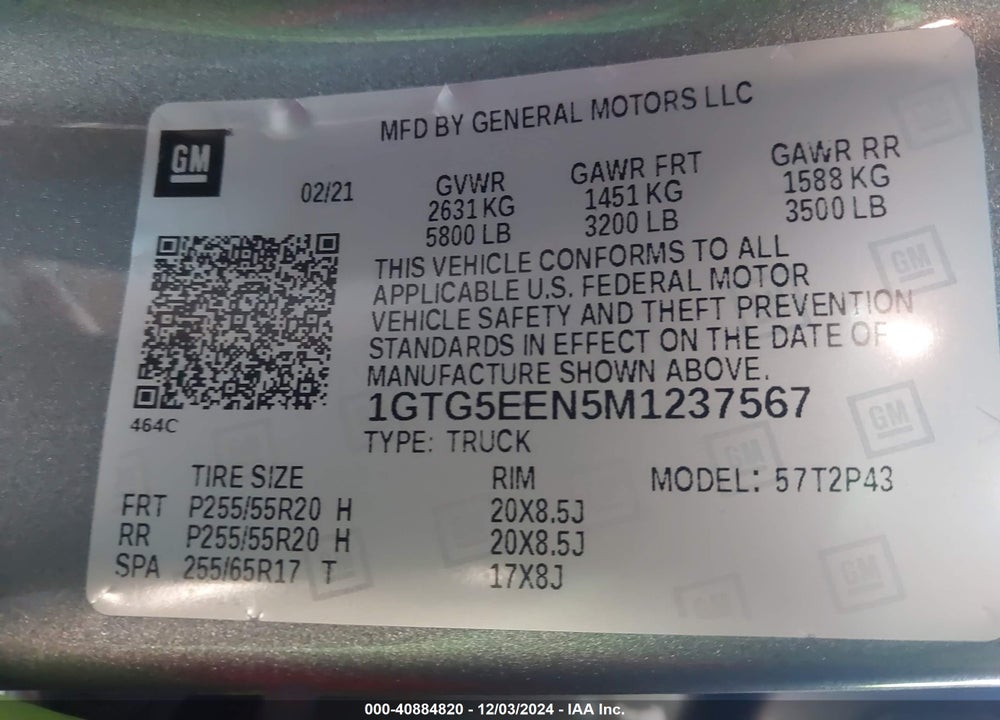 2021 GMC CANYON 2WD  SHORT BOX DENALI VIN: 1GTG5EEN5M1237567