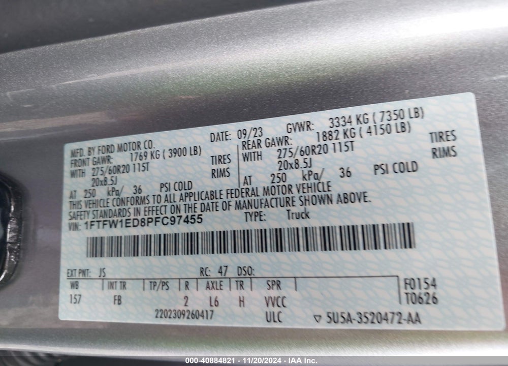 2023 FORD F-150 XLT VIN: 1FTFW1ED8PFC97455