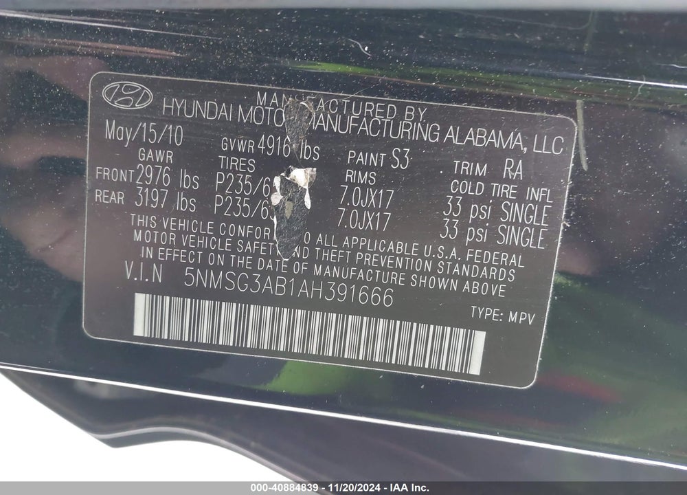 2010 HYUNDAI SANTA FE GLS VIN: 5NMSG3AB1AH391666