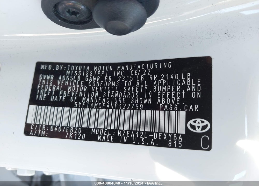 2022 TOYOTA COROLLA VIN: 5YFT4MCE4NP122759