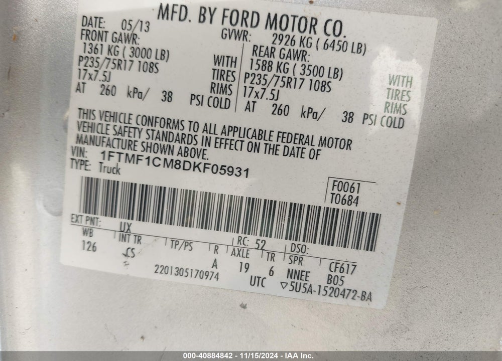 2013 FORD F-150 XL VIN: 1FTMF1CM8DKF05931