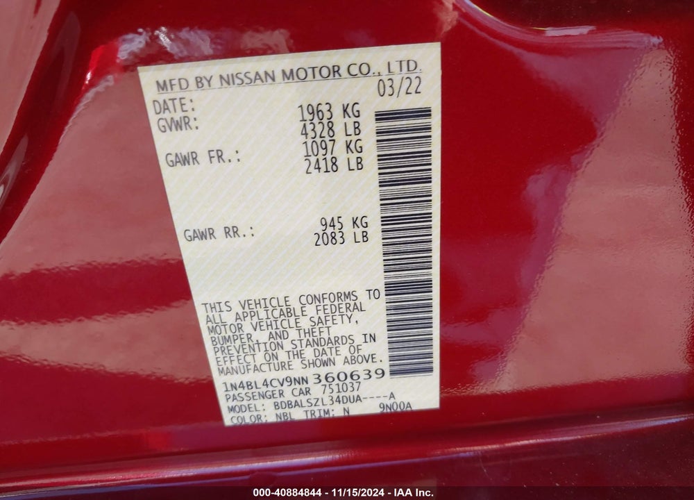 2022 NISSAN ALTIMA SR FWD VIN: 1N4BL4CV9NN360639