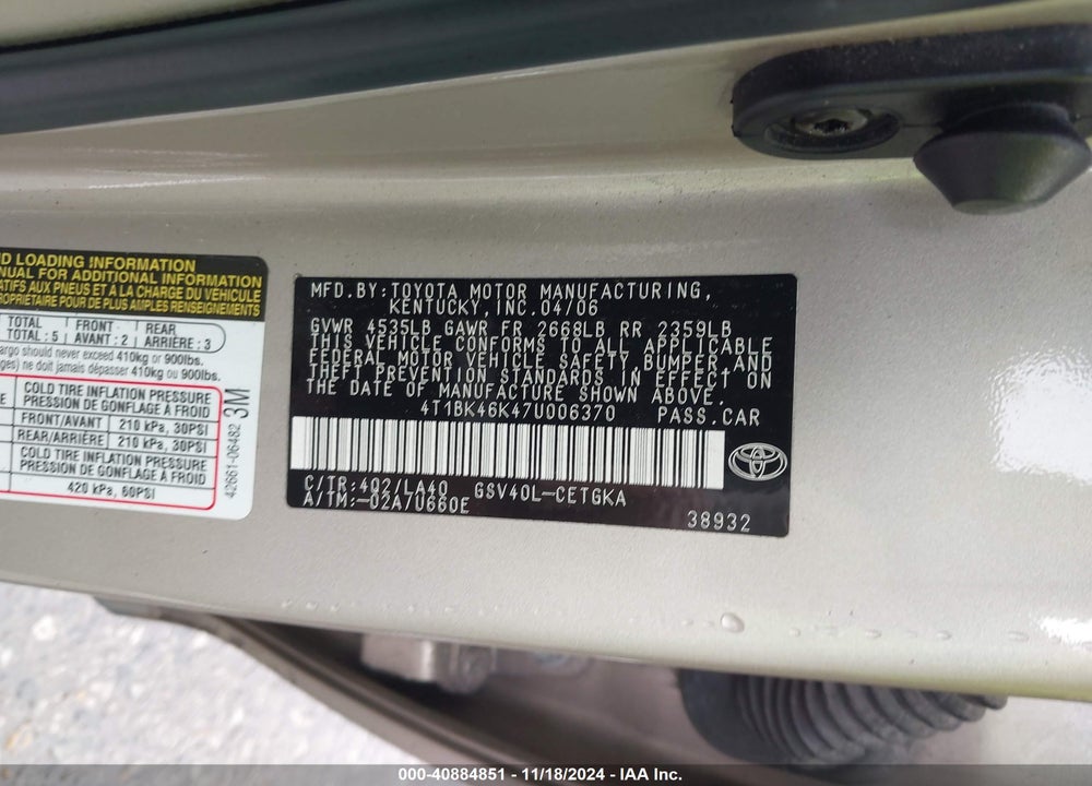 2007 TOYOTA CAMRY XLE V6 VIN: 4T1BK46K47U006370