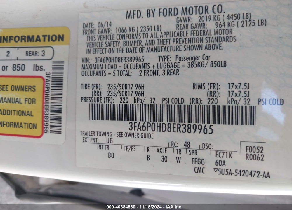 2014 FORD FUSION SE VIN: 3FA6P0HD8ER389965