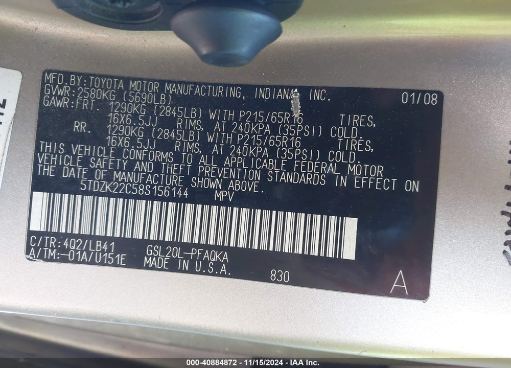 2008 TOYOTA SIENNA XLE VIN: 5TDZK22C58S156144