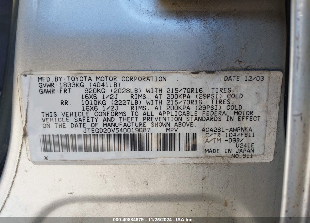 2004 TOYOTA RAV4 VIN: JTEGD20V540019087