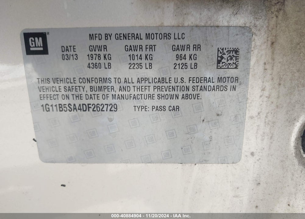 2013 CHEVROLET MALIBU 1LS VIN: 1G11B5SA4DF262729