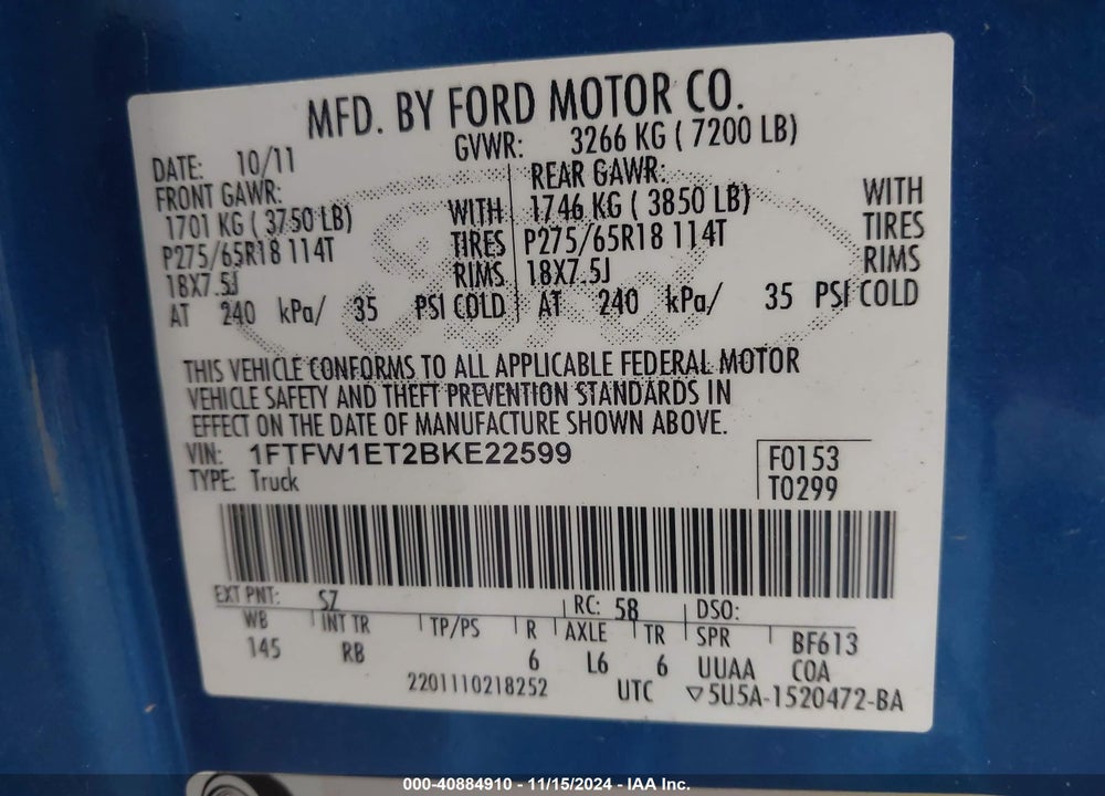 2011 FORD F-150 FX4 VIN: 1FTFW1ET2BKE22599