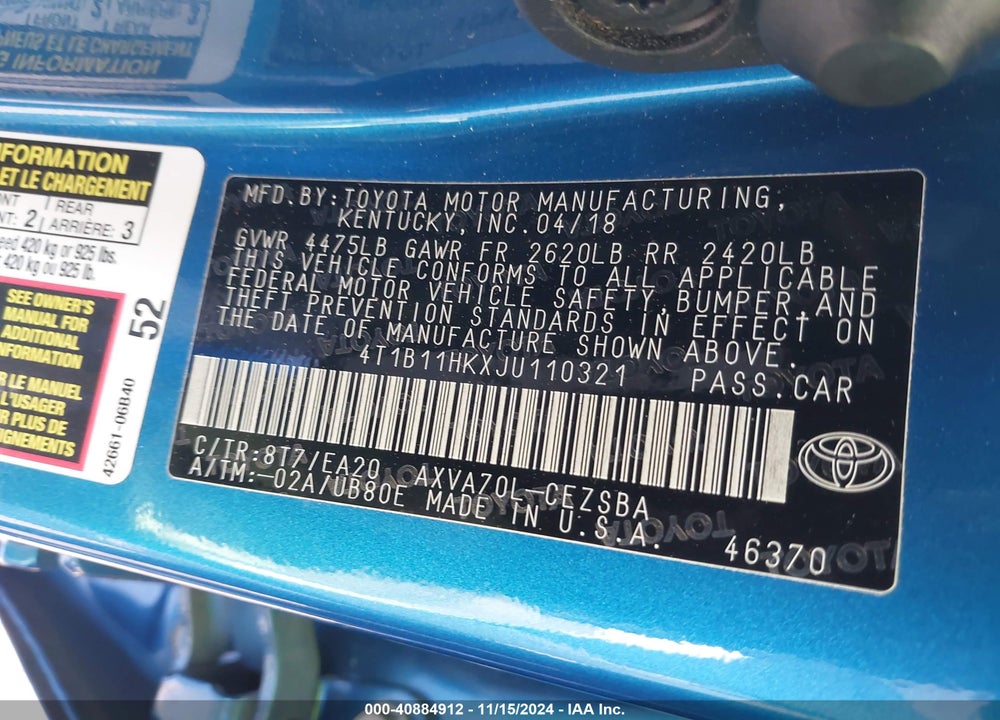 2018 TOYOTA CAMRY SE VIN: 4T1B11HKXJU110321