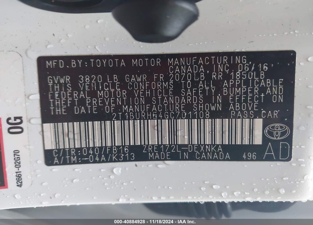 2016 TOYOTA COROLLA VIN: 2T1BURHE4GC701108