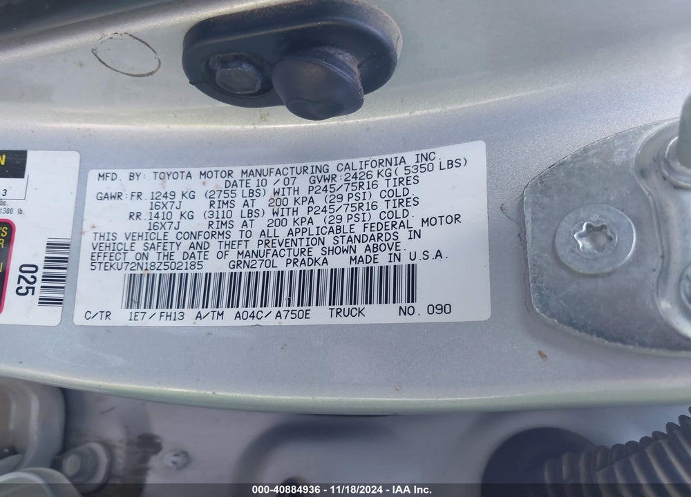 2008 TOYOTA TACOMA PRERUNNER V6 VIN: 5TEKU72N18Z502185