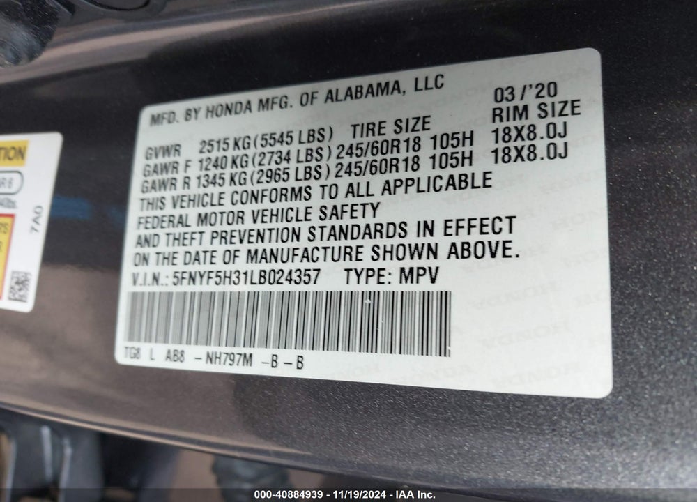 2020 HONDA PILOT 2WD EX VIN: 5FNYF5H31LB024357