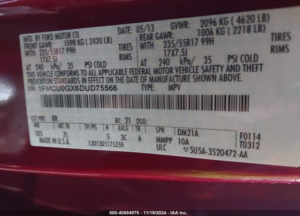 2013 FORD ESCAPE VIN: 1FMCU0GX6DUD75566