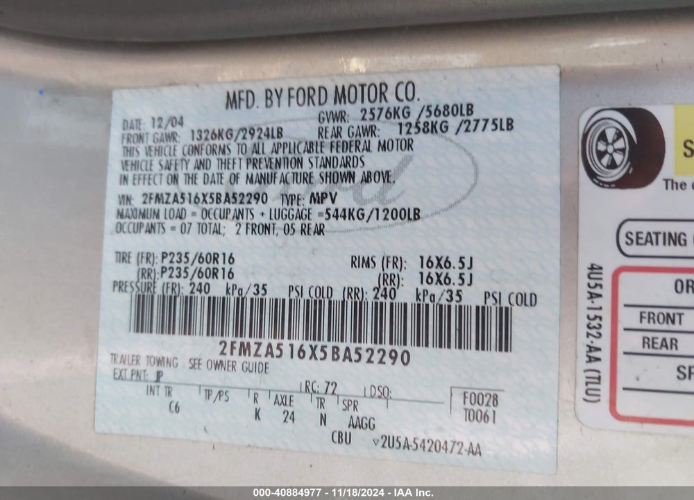 2005 FORD FREESTAR SE VIN: 2FMZA516X5BA52290