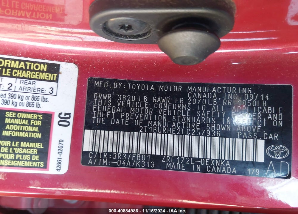 2015 TOYOTA COROLLA LE PLUS VIN: 2T1BURHE2FC257936