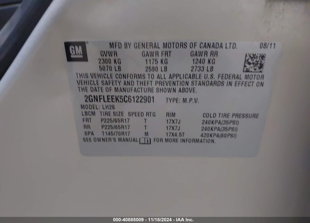 2012 CHEVROLET EQUINOX 1LT VIN: 2GNFLEEK5C6122901