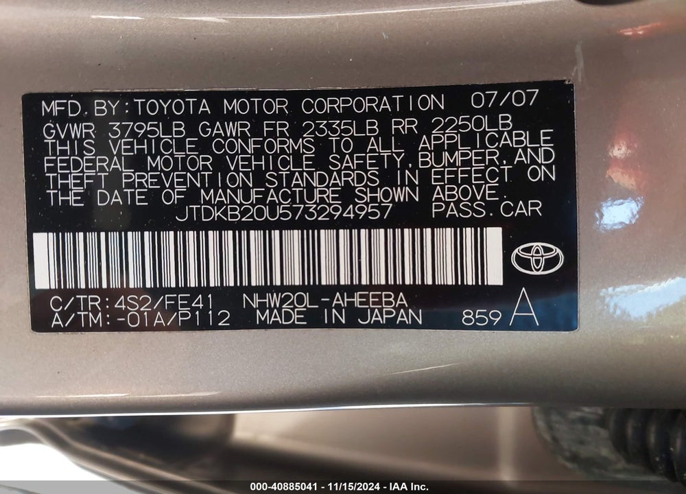 2007 TOYOTA PRIUS VIN: JTDKB20U573294957