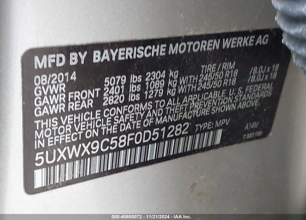 2015 BMW X3 XDRIVE28I VIN: 5UXWX9C58F0D51282