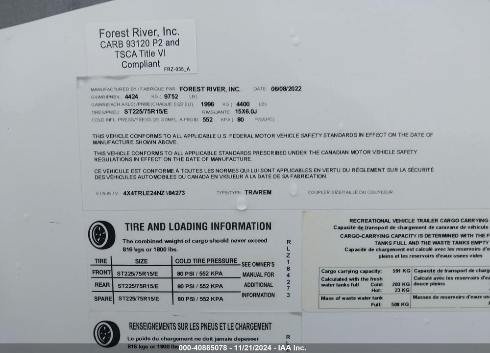 2022 FOREST RIVER ROCKWOOD VIN: 4X4TRLE24NZ184273