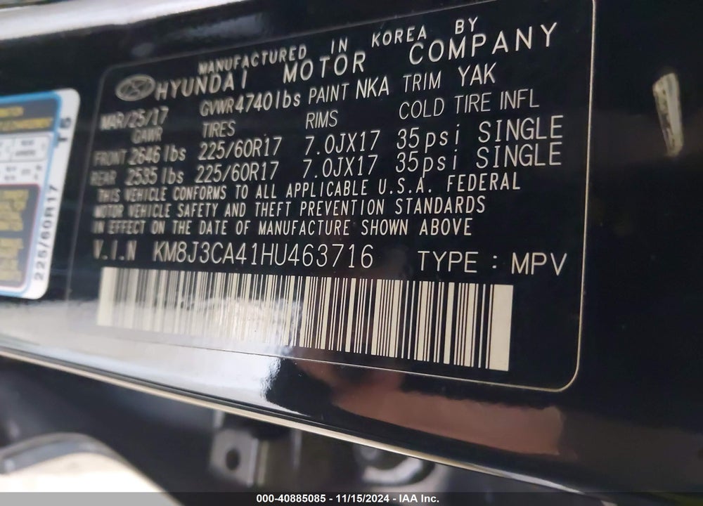 2017 HYUNDAI TUCSON SE PLUS VIN: KM8J3CA41HU463716