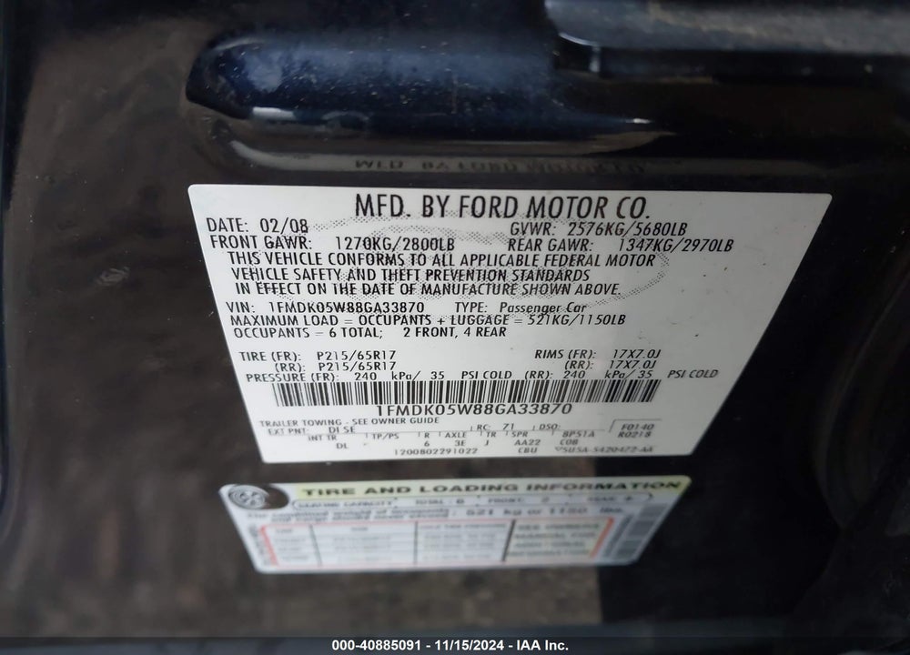 2008 FORD TAURUS X SEL VIN: 1FMDK05W88GA33870