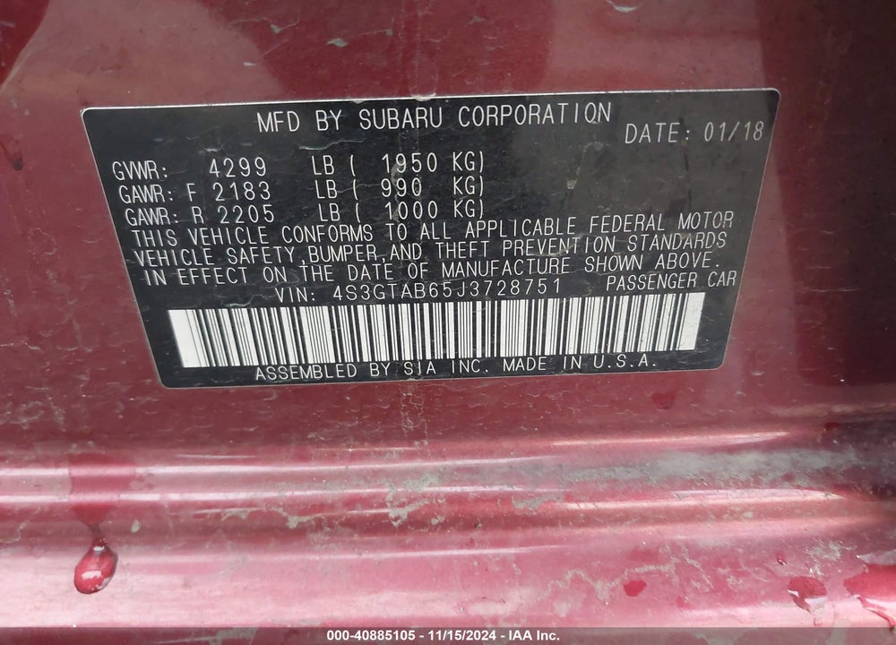 2018 SUBARU IMPREZA VIN: 4S3GTAB65J3728751
