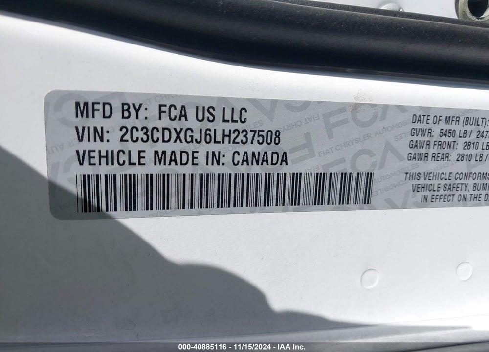 2020 DODGE CHARGER SCAT PACK RWD VIN: 2C3CDXGJ6LH237508