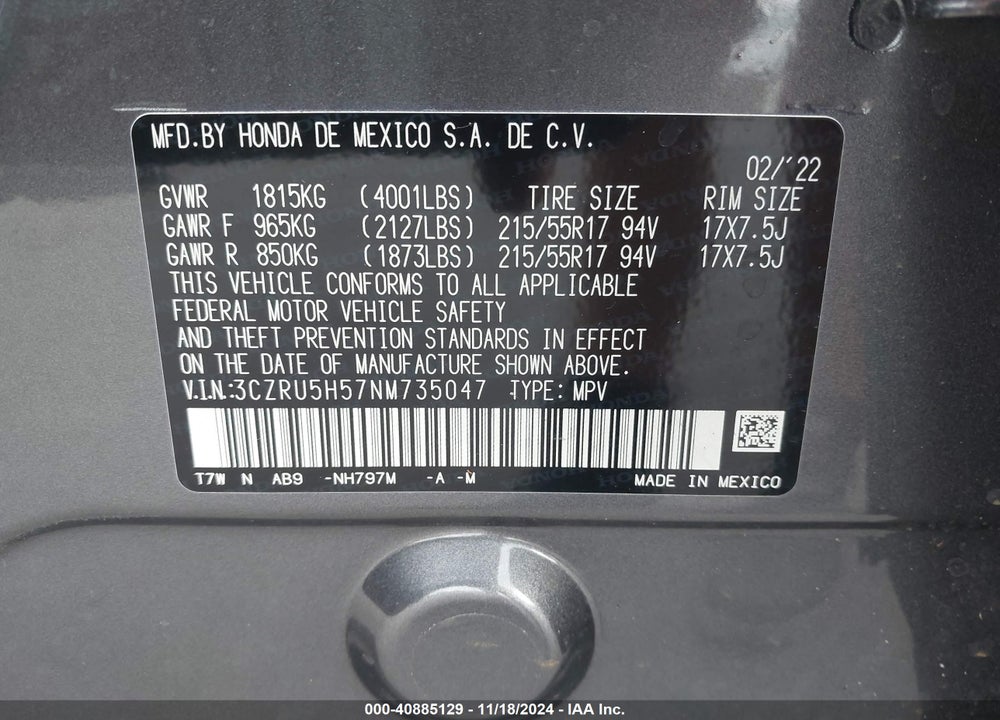2022 HONDA HR-V 2WD EX VIN: 3CZRU5H57NM735047