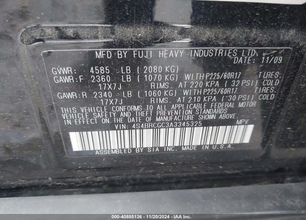 2010 SUBARU OUTBACK 2.5I PREMIUM VIN: 4S4BRCGC3A3345325