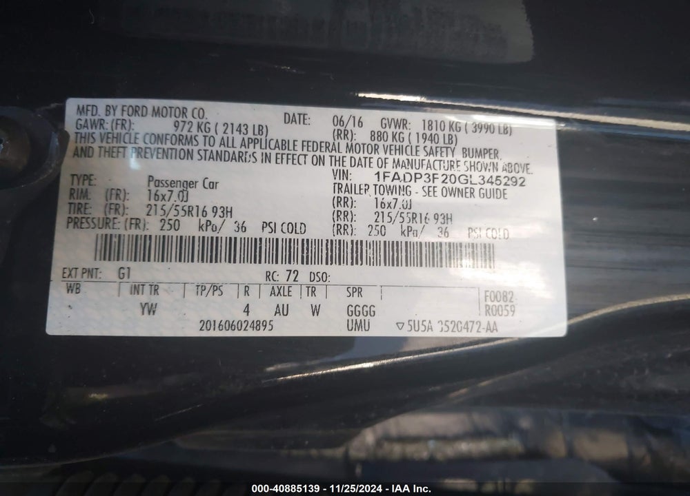 2016 FORD FOCUS VIN: 1FADP3F20GL345292