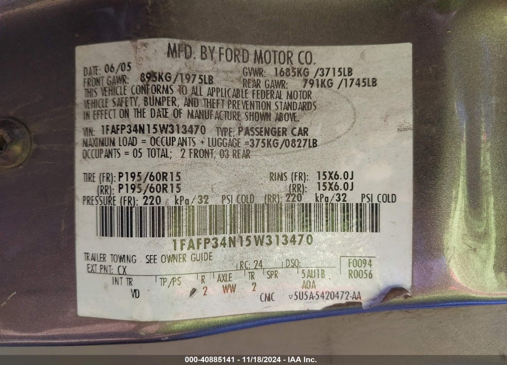 2005 FORD FOCUS ZX4 VIN: 1FAFP34N15W313470