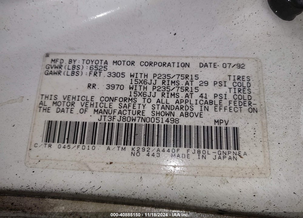 1992 TOYOTA LAND CRUISER FJ80 VIN: JT3FJ80W7N0051498